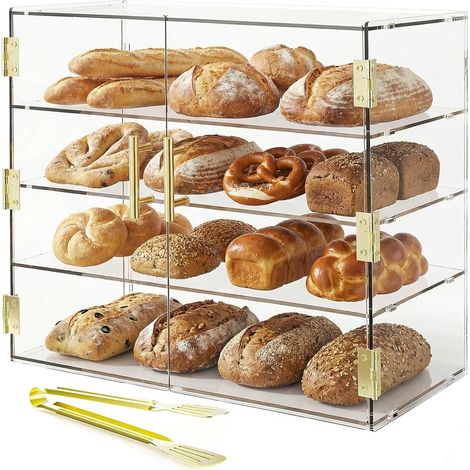 Vitrine de boulangerie à 4 niveaux avec porte automatique élastique, 49,5 x 50 x 26,2 cm, en acrylique transparent pour pâtisserie, comptoir, boîte à nourriture pour pain, dessert, biscuits (1/5)