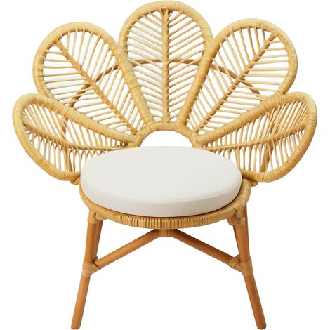 Fauteuil en Rotin Paon avec Coussin Blanc - Chaise pour Extérieur ou Intérieur - D 70 x P 85 x H 90 cm - Livraison gratuite