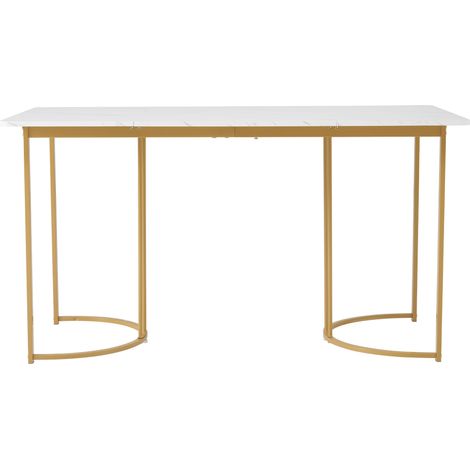 Mesa de Comedor Rectangular en MDF con Motivo Marmoleado, Patas Doradas Ajustables y Estructura de Metal - 140×80 cm, Blanco (1/5)