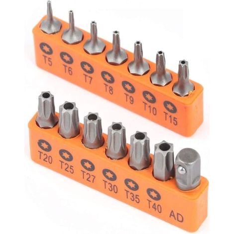 Jeu de 14 embouts Torx de sécurité inviolables en acier allié S2, T5 à T40 (1/4)