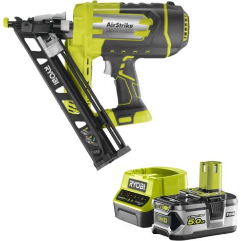 Confezione RYOBI 18V OnePlus R15GN18-0 chiodatrice ad aria inclinata - 1 batteria 5.0Ah - 1 caricatore rapido RC18120-15