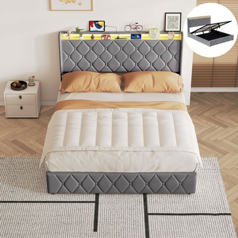 Lit 140x200 cm avec Rangement - Cadre de Lit en Velours Gris Foncé avec LED RGB et port USB - Lit Coffre pour Chambre moderne (1/5)