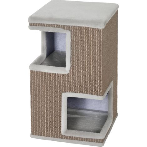 Tour à griffer 3 niveaux 40x40x67 cm en bois d’ingénierie grise, 2 niches, gain de place – MEUBLIV (1/5)