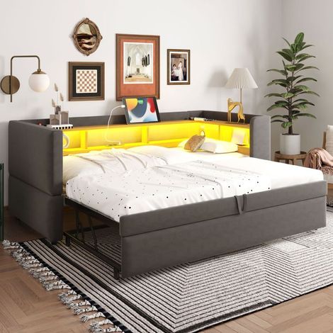 Canapé-lit - KOMHTOM - KOMHTOM - Convertible 180x190 cm - Tissu gris foncé - LED et prises (1/5)