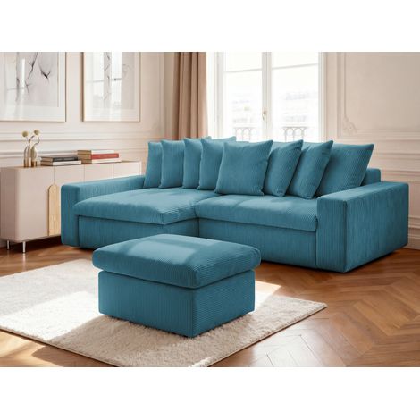 BOBOCHIC - Canapé d'angle fixe ENORE velours côtelé avec pouf Angle gauche Bleu clair (1/5)