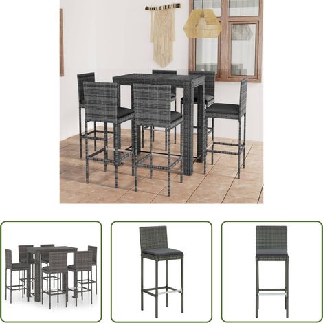 vidaXL Tabouret de bar - Ensemble de bar d'extérieur 7 pcs coussins Résine tressée Gris (1/5)