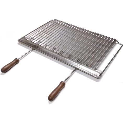Fonderia Bongiovanni – Grille en acier inoxydable AISI 304 18/10 pour poêle cheminée barbecue – 67x40 cm – Poignées en bois amovibles – Canaux pour évacuation des graisses (1/2)