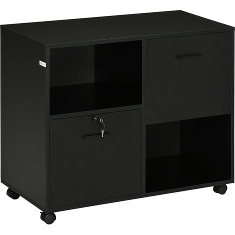 Meuble de bureau avec 2 tiroirs pour documents et étagères, roulettes verrouillables, 80 x 40 x 66 cm, noir