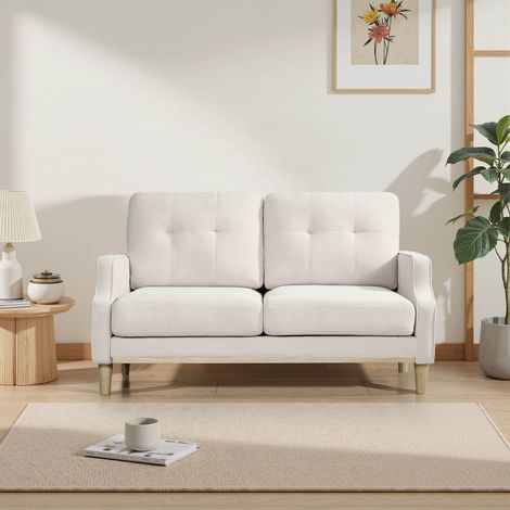 Canapé droit 2 places - port usb intégré - dossier capitonné - tissu polyester - beige (1/5)
