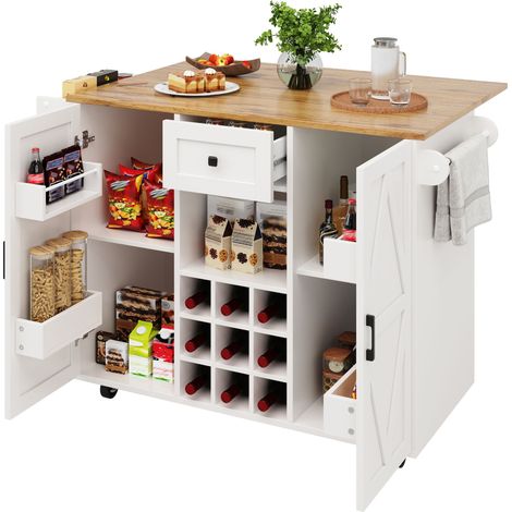 Îlot central de cuisine avec table rabattable, desserte blanche sur roulettes, rangement modulable pour cuisine et salle à manger (1/5)