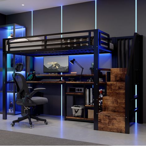 Cama alta 90x200 cm de metal y MDF negro con escritorio, ahorro de espacio, sin colchón (1/5)