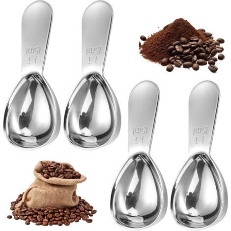 BUNTHAUS 4 Pièces Cuillère à Café Graduée Cuillère à mesurer de 15 ml Cuillère Doseuse à Café Poignées Courtes Cuillères à Soupe avec Poignée Ergonomique pour Grains de Café Poudre Sucre Farine(Argent (1/4)