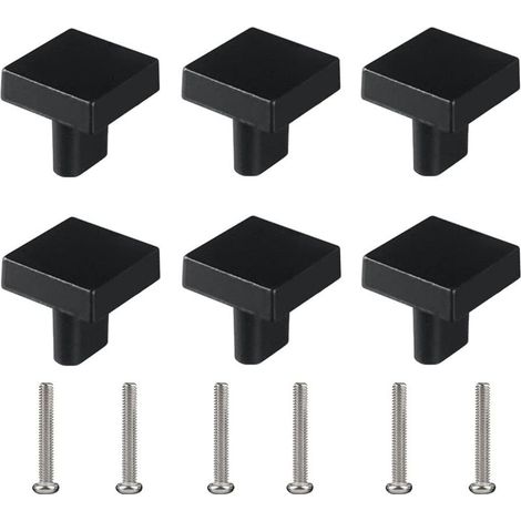 Lot de 6 boutons de tiroir carrés pour meubles - Trou unique - Petite poignée moderne - Noir - Avec vis assorties (1/5)