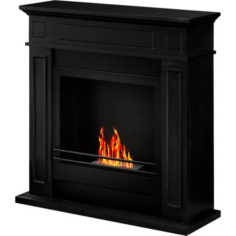 Jefferson - Cheminée au bioéthanol de sol en bois 89,5x28xH90,5 cm, couleur noire (1/5)