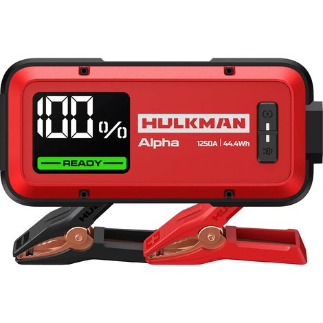 Alpha Ultra Red, Démarreur de Batterie Portable 1250A 44.4Wh, Boîtier de Démarrage 12V pour Voitures Modernes avec Câbles, pour Moteurs Essence 7.0L / Diesel 4.0L, Indice IP65, Grand Écran LED (1/5)