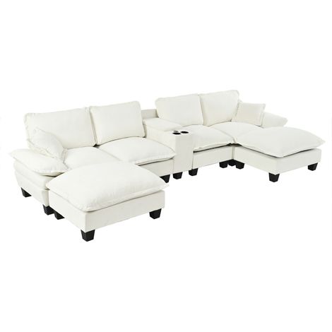 Canapé cloud modulaire en U, style voilier avec porte-gobelets et rangement, port USB, 2 ottomans et 2 coussins, revêtement en chenille pour appartements et salons, beige (1/5)