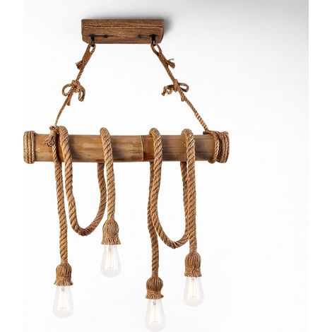 Lampadario vintage in CORDA DI BAMBU' con 4 luci da soffitto
