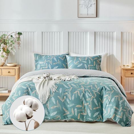 Bettwäsche-Set 240x220cm 100% Baumwolle Wendbar Blättermuster Blau