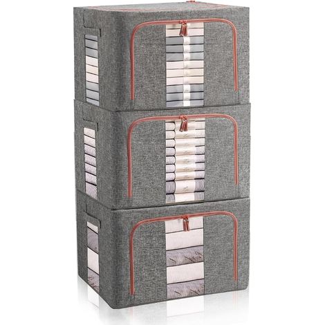 Boite de Rangement Vetement avec Cadre Métallique, Sacs de Rangement pour Vêtements Édredons Couvertures Oreillers Jouets Vestes, Gris (22L) (1/4)