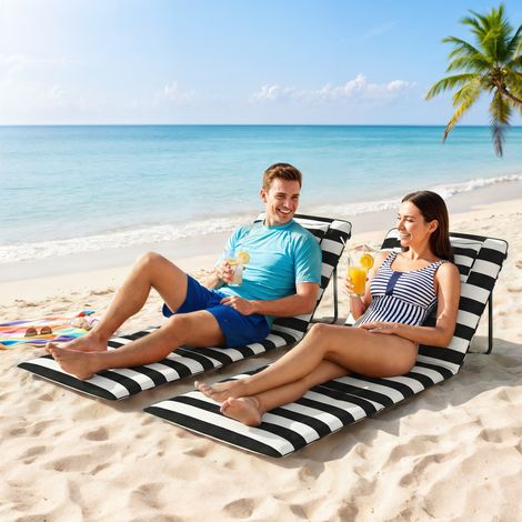 Set mit 2 faltbaren Strandmatten mit verstellbarer Rückenlehne und gepolsterter Kopfstütze, 150 x 50 x 2 cm, Grau und Weiß