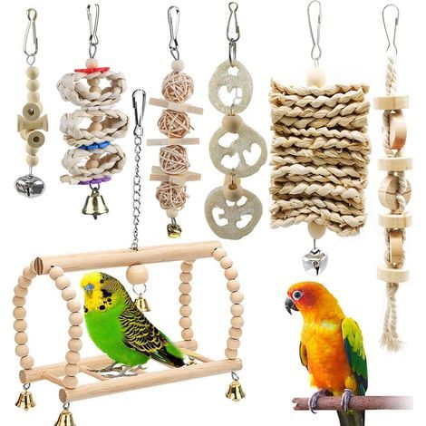 Ensemble de 7 jouets à mâcher pour oiseaux, perroquets, perruches, perruches ondulées, maca (1/4)