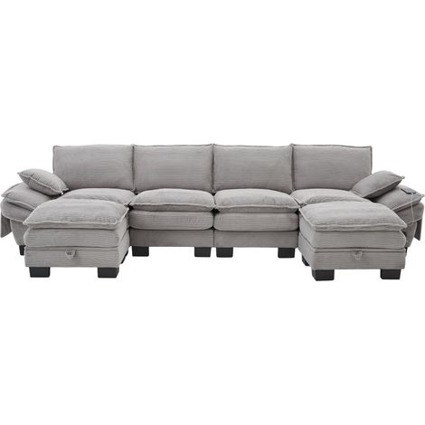 CHICFURN Divano modulare 4 posti 330x132x84 cm, tessuto grigio chiaro, USB-C e 2 pouf (1/5)