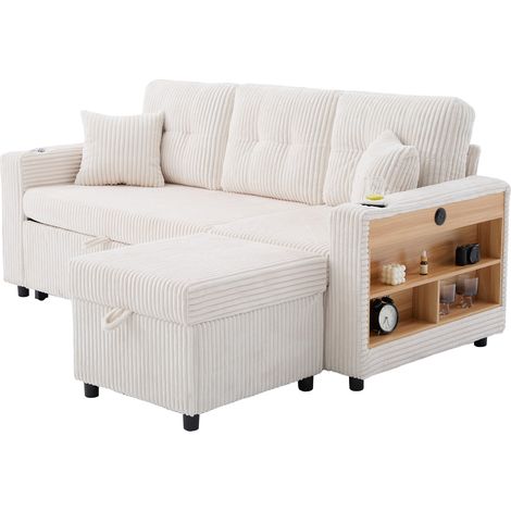 ELVMI Divano Convertibile con Contenitore, USB Tipo C, LED e Portabicchieri, in Corduroy Beige 196 x 82 144 x 85 cm (1/5)