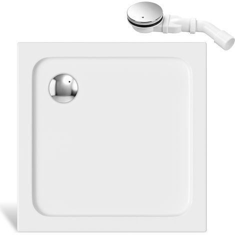 Randaco Acryl Duschtasse 80x80 cm Weiß, 4 cm flach, Chrom Ablauf mit Haarfilter (1/5)