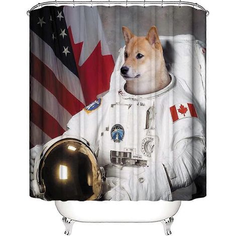 Rideau de douche amusant avec un adorable chiot, motif drapeau astronaute, pour salle de bain. Décoration facile d'entretien, imperméable et lavable en machine. Polyester durable. (1/4)