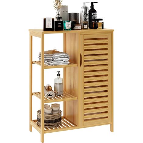 Soges Armadietto da Bagno con Ante e Ripiani, Organizzatore per Armadietto da Terra, Armadietto in Bambù a 3 Livelli per Cucina, Soggiorno, Bagno (1/5)