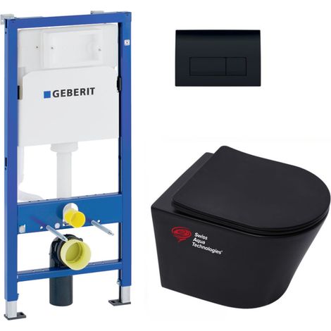 Pack WC Bati-support Geberit + WC sans bride Swiss Aqua Technologies + Abattant frein de chute + plaque Delta 50 noire mat