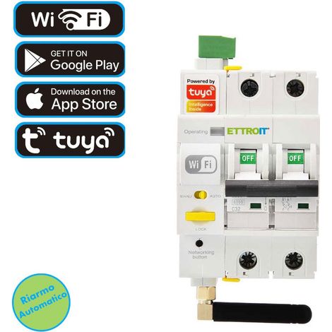 ETTROIT E-SMART Interruttore Magnetotermico WIFI 2P 32A 6KA App TUYA 3 Moduli DIN ESR3232 (1/8)