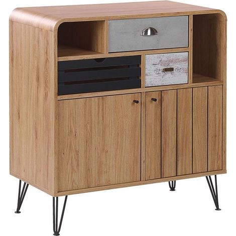 Beliani – Armoire moderne 3 tiroirs 2 portes – Panneau de particules effet bois clair – Pieds en métal épingle à cheveux – Style rétro (1/5)