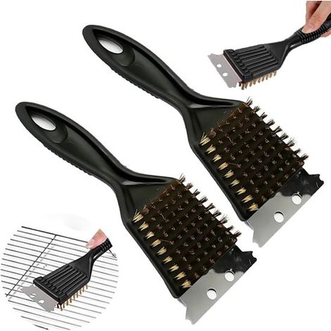 Lot de 2 brosses 3 en 1 en fil de laiton avec grattoir - Brosse en acier inoxydable - Brosse de nettoyage pour barbecues - Convient aux barbecues à charbon, aux barbecues électriques et aux fumoirs (n (1/5)
