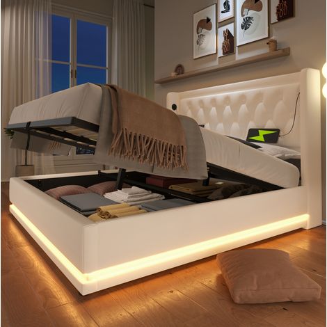 Cama doble tapizada con almacenamiento LED USB blanca OKMYHOME (1/5)