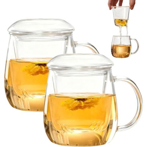 Set of 2 tea cups with lid and strainer, all-in-one tea glasses, 500 ml, borosilicate tea cups, heat-resistant, easy to clean for home and office (1/5)
