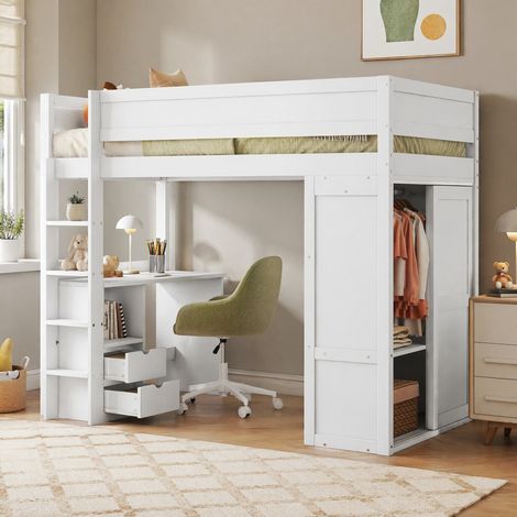 Cama alta 90x200 cm blanca de pino y MDF con armario, escritorio y cajones (1/5)