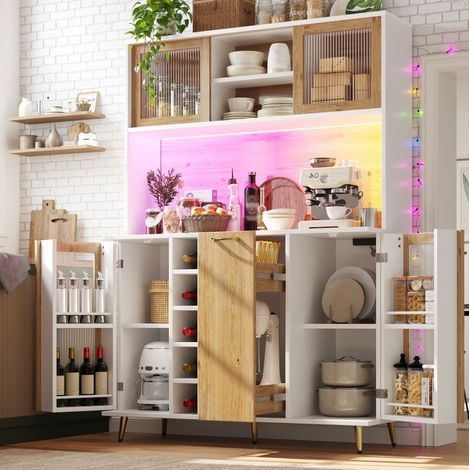 Credenza cucina 120 x 40 x 180 cm con LED e presa integrata, bianco effetto legno HAVRYA (1/5)