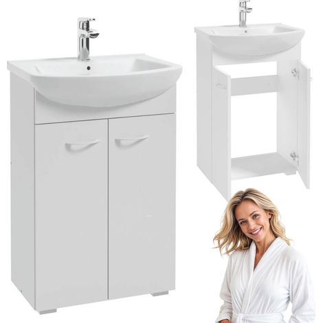 Elegante mueble de baño HERA D55 con lavabo, laminado blanco, dos puertas.