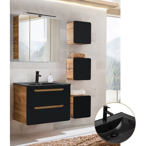 Badmöbel Set in seidenmatt anthrazit mit Wotan Eiche Nb. NEW-LUTON mit 81 cm Keramik-Waschtisch & LED-Spiegelschrank, B/H/T ca. 130/200/46 cm (1/5)