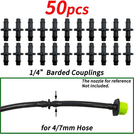 (A-50PCS-1/4'') Raccord cannelé 1/4'' pour tuyau d'arrosage 4/7 mm, micro-débit, arrosage goutte à goutte, connecteurs droits (1/5)