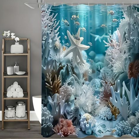 rideau de douche imprimé corail océan de imperméable avec crochets en lavable en machine 80180cm 1 12 Plastique Bleu (1/5)