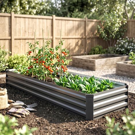 Carré potager rectangulaire lit de jardin surélevé en acier galvanisé gris foncé 240x60x30cm, fond ouvert, grande capacité pour culture (1/5)