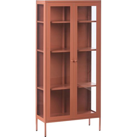 Credenza alta in metallo con 2 ante ed elementi in vetro marrone dorato Harty