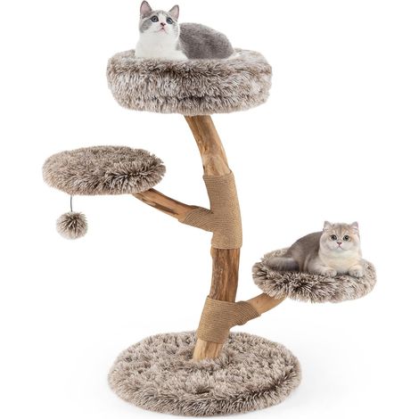 GOPLUS Arbre à Chat Design Naturel en Bois Massif, Tronc en Poirier Solide, Poteaux à Gratter en Jute & Balle Suspendue, Intérieur avec Condo, Panier& Plates-Formes pour Chats (90cm) (1/5)