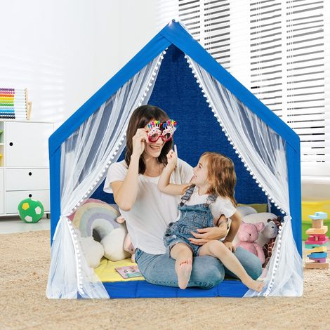 Tente de Jeu Enfants avec Lumières d'Étoiles Tapis en Coton Lavable Cadeau pour Garçons et Filles 122 x 105 x 125 CM Bleu (1/2)