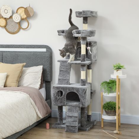 Árbol Rascador para Gatos Árbol para Gatos 153 cm con 2 Cuevas 3 Camas 2 Rampas Postes de Sisal Ratones Colgantes Gris (1/5)