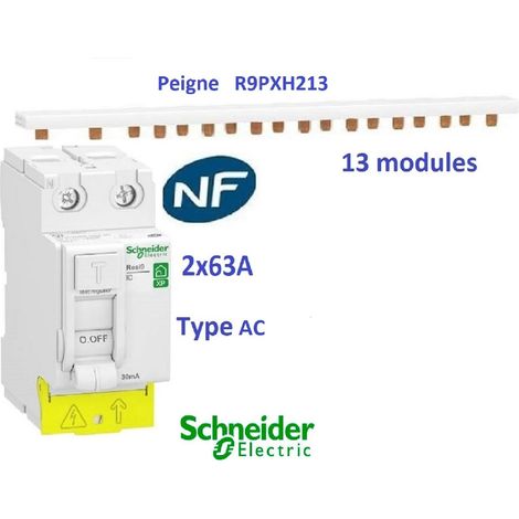 Interrupteur différentiel Resi9 xp 2P 63A 30ma type AC + Peigne 13 M - Schneider R9PRC263+R9PXH213