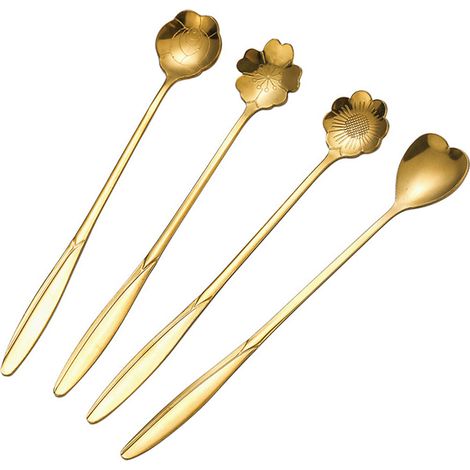 Cuillère À Café - Manche Long 18 Cm - En Acier Inoxydable - Forme Fleurie (Rose, Chrysanthème, Cerisier, Cœur) - 8 Pièces (1/5)