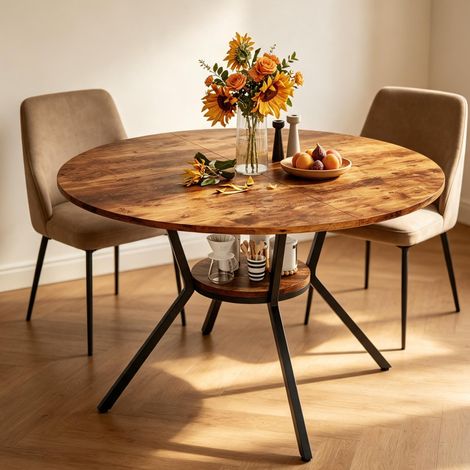 Table ronde 120 cm – drangement intégré – d6 places – style industriel – d bois vieilli (1/5)